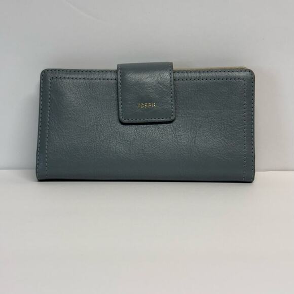 Fossil Wallet Bi-Fold Snap Gray Tan Leather‎ Snap Zip Neutral Lightweight - Picture 1 of 13